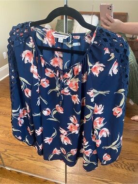 Counterparts Navy Blue Floral Tie-Neck Blouse